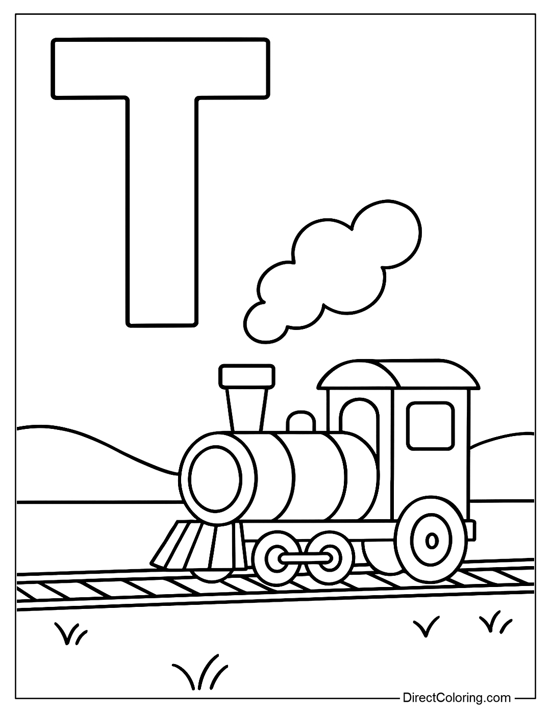 Coloring page of letter T and a train running through a field, with smoke rising.